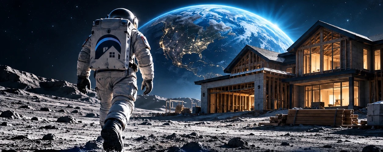 An astronaut walks across the lunar surface toward a house under construction, with Earth rising on the horizon